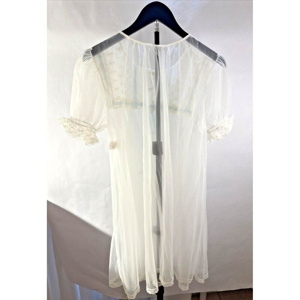 Miss Elaine Sheer Peignoir Robe White Blue Ribbon Style 289B Small Vintage - Picture 2 of 13